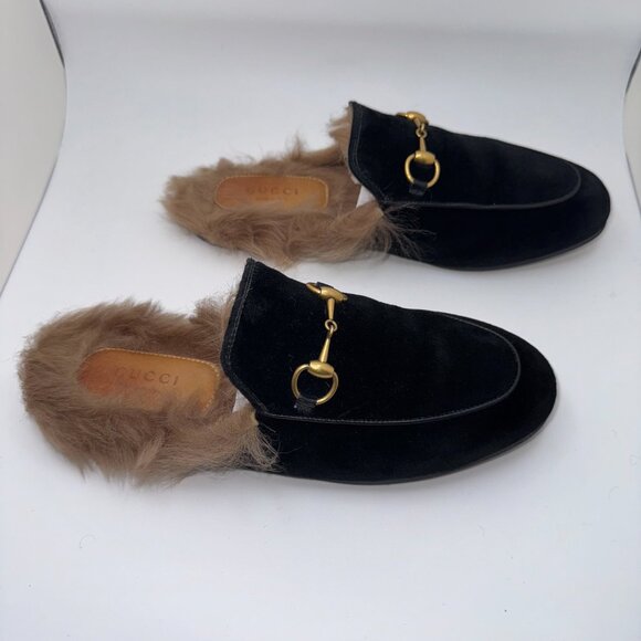Gucci Princetown Horsebit Flat Mules Velvet Lamb Fur Lined Black Women's EU 36 - Picture 12 of 15